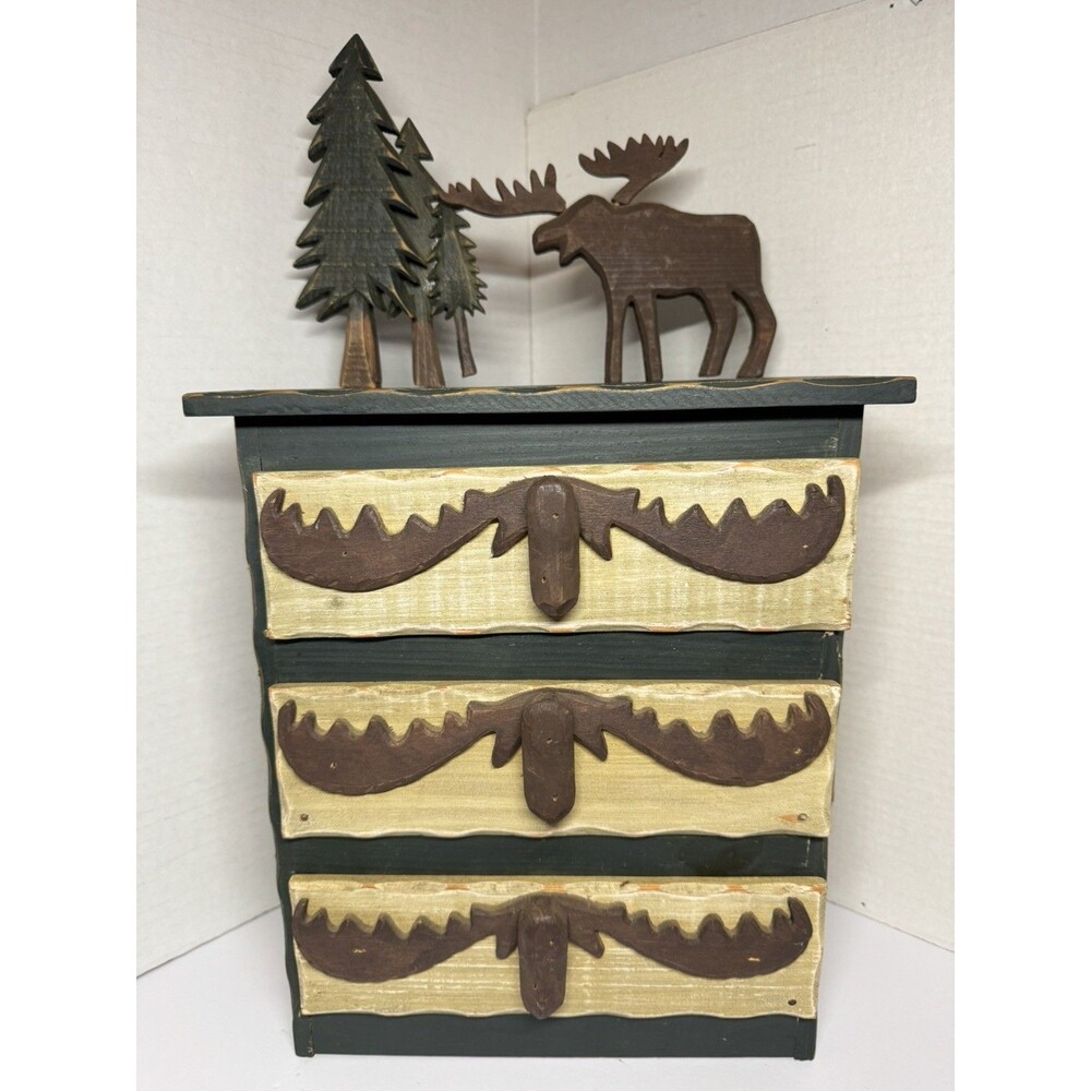 Rustic Wood 3 Pull Out Drawers Cabin Lodge Decor Green Beige Brown (Bx X)